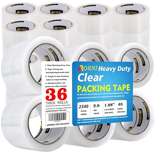 Packing Tape Heavy Duty Refill 36 Rolls Sealing Great for Packing Box Shipping and Moving Supplies Packaging 1.88" x 65 Yards 3" Core 2.0 Mil Thick Adhesive