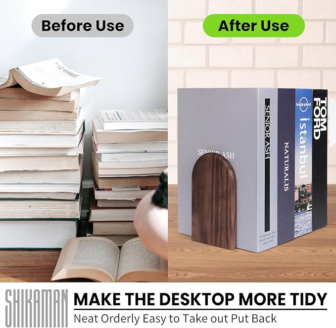 Book Ends,4 Pack Medium Bookends Wood Book Ends Universal Economy Bookend (4, Medium)