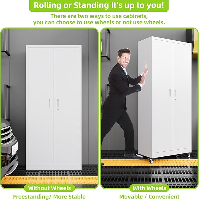 Aobabo 73''H Garage Storage Cabinet with Wheels,Office Storage Cabinet with Lock,Steel Cabinet with 2 Doors and 4 Adjustable Shelves for Garage Office,Required-Assembly White