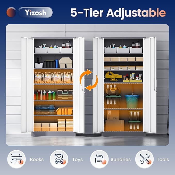 Yizosh Metal Storage Cabinet with 2 Locking Doors and 5 Adjustable Shelves, 72" Garage Storage Cabinet Steel Lockable for Office,Home,Garage