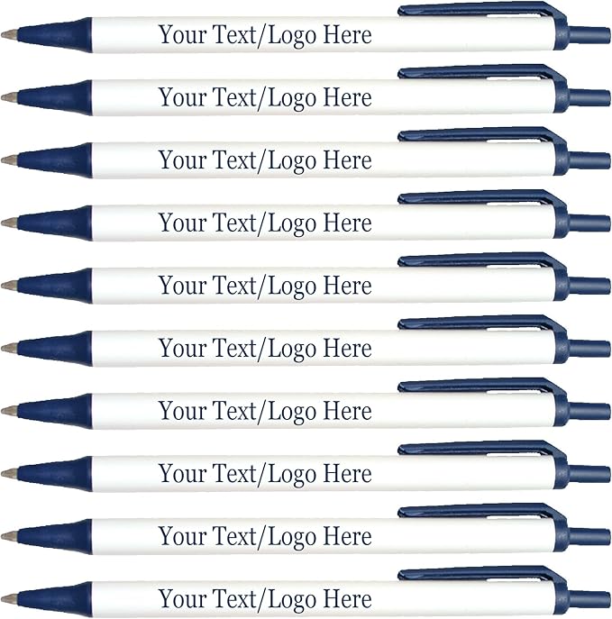 Personalized Click Stick Pens With your Custom Logo or Text-300 Pack Bulk-for Businesses, Parties, and Events, Custom Printed Retractable Slim Ballpoint Pens, Navy, Black Ink