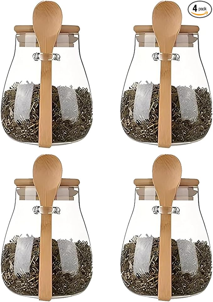Airtight glass jar storage container with bamboo lid Set of 4, wide mouth, leak-proof, With a spoon, can be used for coffee beans, tea leaves, grains, dried fruits, etc (Small*4pcs)