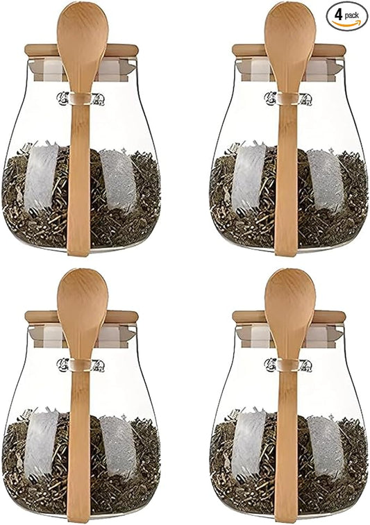 Airtight glass jar storage container with bamboo lid Set of 4, wide mouth, leak-proof, With a spoon, can be used for coffee beans, tea leaves, grains, dried fruits, etc (Small*4pcs)
