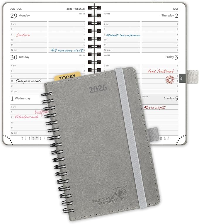 POPRUN Pocket 2026 Planner (Small Size- 4'' x 6.25'') Weekly and Monthly for Purse - Calendar 2026 (Jan. 2026 - Dec.2026) with Soft Cover, Plastic Ruler - Grey