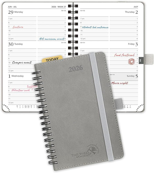POPRUN Pocket 2026 Planner (Small Size- 4'' x 6.25'') Weekly and Monthly for Purse - Calendar 2026 (Jan. 2026 - Dec.2026) with Soft Cover, Plastic Ruler - Grey