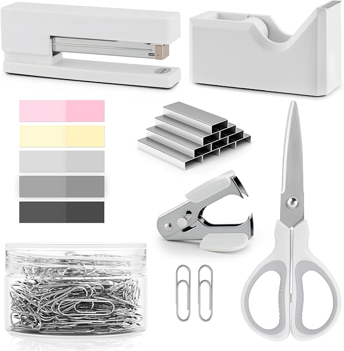 White Office Supplies, White Desk Office Supplies and Accessories, Stapler and Tape Dispenser Set for Women, Office Gift for Women, Office Lady, Coworkers, Office Clerks