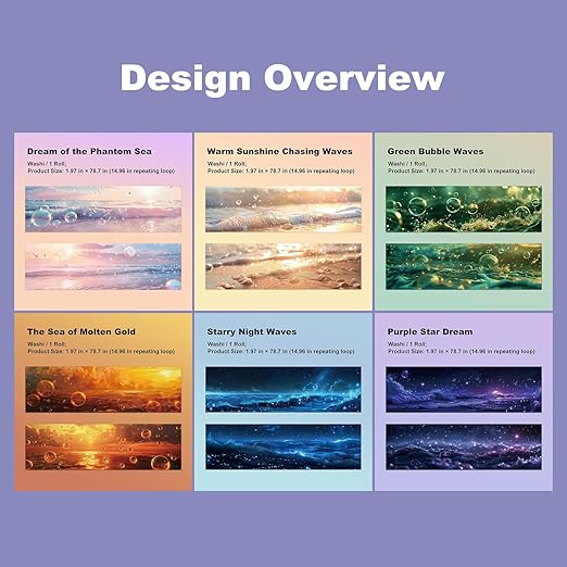 Ocean Fantasy Washi Tape Set – 6 Rolls with Dreamy Sunset, Wave and Bubble Patterns for Scrapbook, Journal, DIY Cards, with Mini Clip