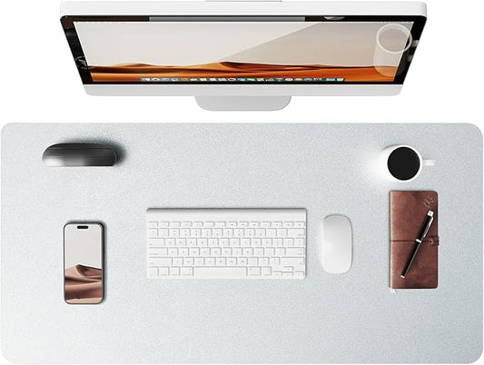 YSAGi Leather Desk Pad Protector, Office Desk Mat, Large Mouse Pad, Non-Slip PU Leather Desk Blotter, Laptop Desk Pad, Waterproof Desk Writing Pad for Office and Home (Silver, 31.5" x 15.8")