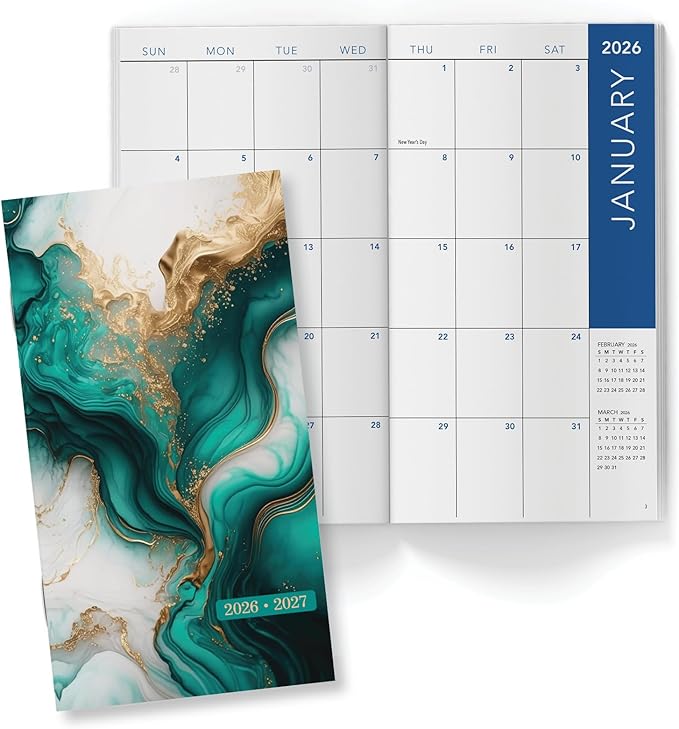 2-Year Monthly Pocket Planner/Pocket Calendar, 3.5"x6.5", 2026-2027: Weekly Planner/Weekly Agenda/Monthly Calendar Organizer (Teal Gold Marble)