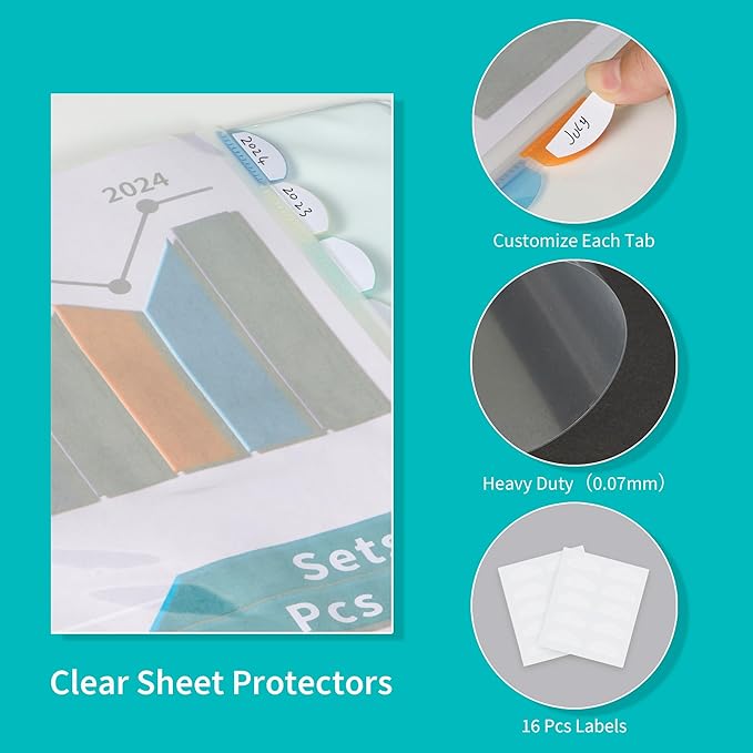 Binditek 16 Pack Heavyduty Clear Sheet Protectors with 8 Tabs, Sturdy Binder Sheet Protectors for 3 Ring Binder Letter Size, Multicolor Tabs, 8.5 x 11 Inches, Polypropylene, 2 Set, Label Sticker