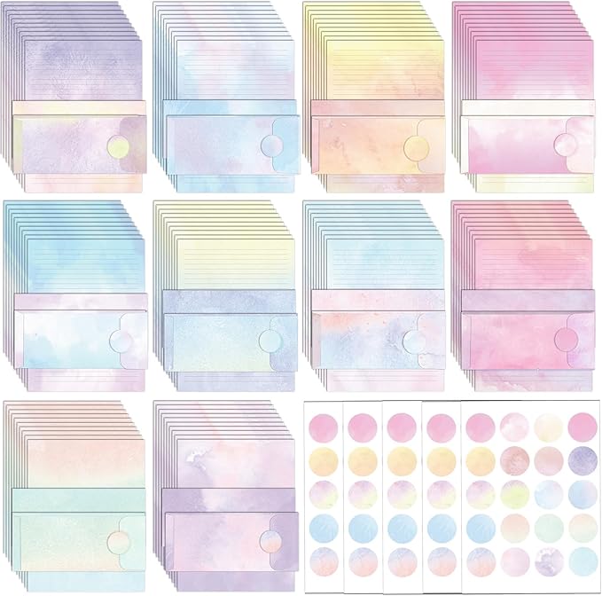 250Pcs Watercolor Stationery Paper and Envelope Set with 100 Letterhead Papers and 50 Envelopes, 10 Design for Letter Writing Invitations Computer Holidays Party Notes, 8.5x11 Inch-Lined