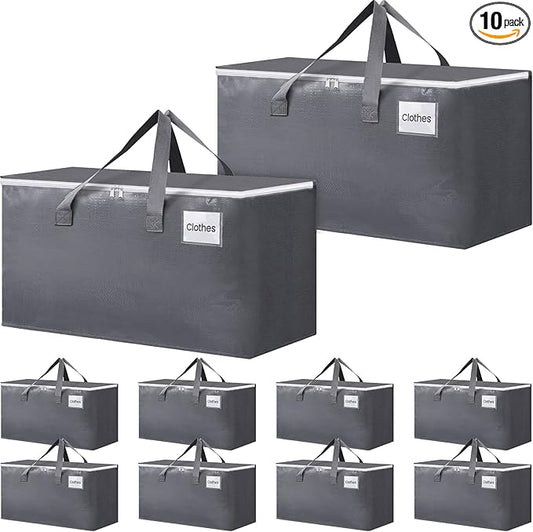 BlissTotes Large Moving Boxes and with Zippers & Handles Moving Supplies with lids, Heavy Duty Totes for Storage Bags for Space Saving, Fold Flat, Moving and Storing 76L, 10 Pack