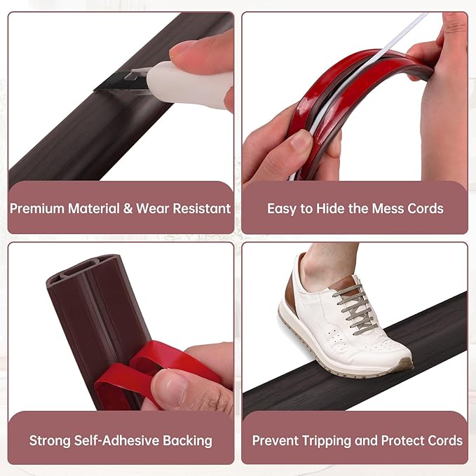 Floor Cord Cover Self Adhesive Cord Hider Floor Extension Cord Covers for Floor Power Cord Protector Cable Management Prevent Cable Trips Cable Cavity 0.32" W x 0.32" H (Dark Walnut, 3.3Ft)