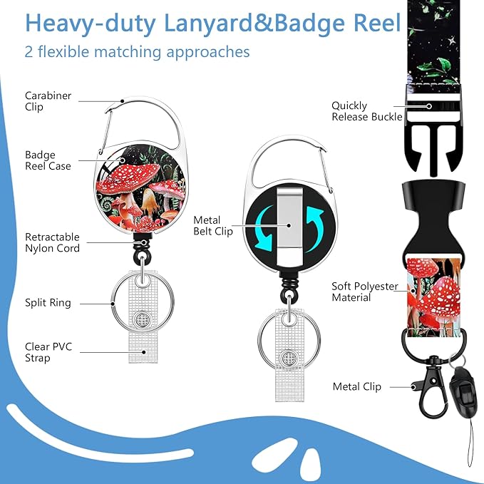 Mushroom Lanyards with Id Holder, Butterfly Moon ID Badge Holder with Retractable Lanyard, ID Holder with Badge Reel Clips, Name Tag ID Card Holder Teacher Women Doctor Office Gift