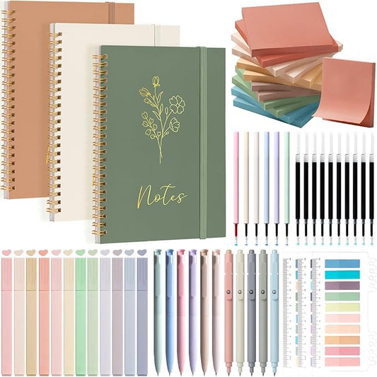 58PCS Aesthetic School Supplies, Cute College Ruled A5 Spiral Notebook Stationary Set Back to School Supplies Bible Study Kit Office College Essentials with Pastel Highlighters for Women Student Girls