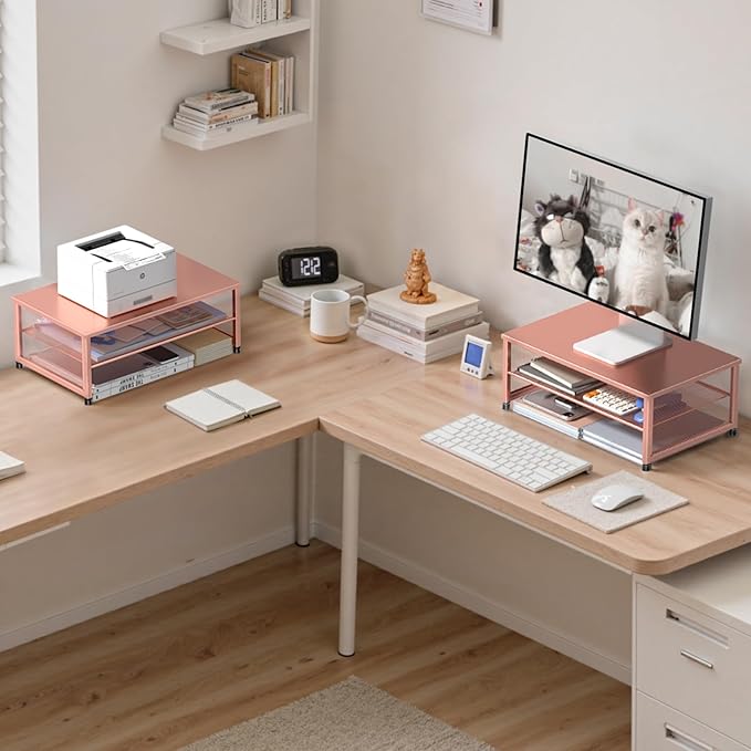 Computer Monitor Stand Riser, Desk Organizers and Accessories, Printer & Laptop Stand, Office Desk Accessories & Desktop Workspace Organizers for Office Supplies (Rose Gold)
