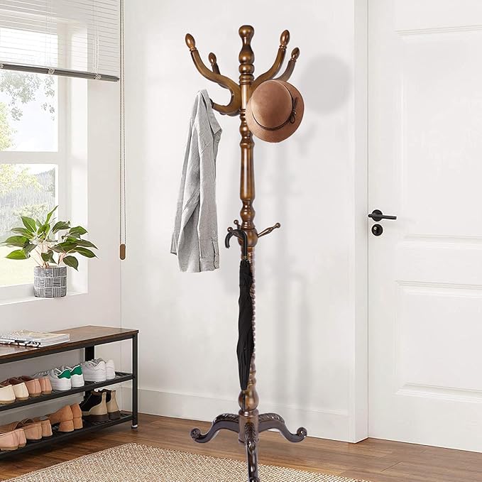 Wooden Coat Rack Freestanding, Vintage Coat Racks with Sturdy Round Base, Adjustable Height 37.40"-72.83" Entrance Coat Rack for Bedroom Living Room Entryway (Vintage Triangle)