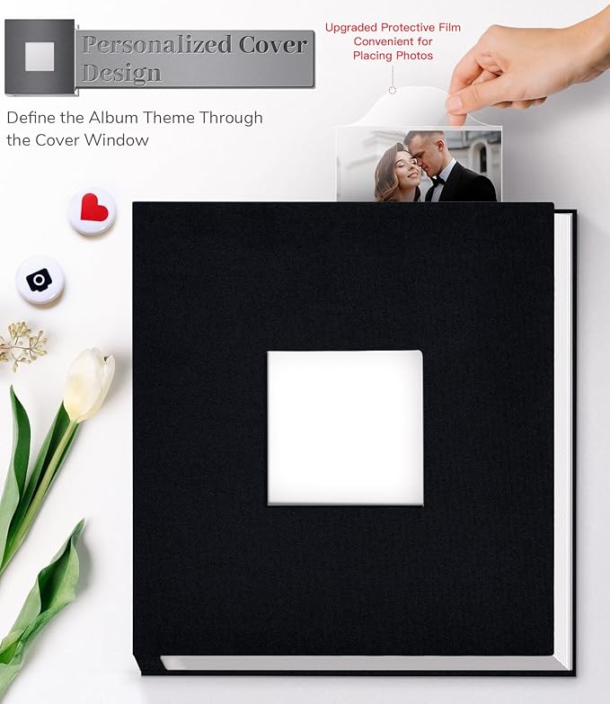 Photo Album Self Adhesive Scrapbook Album for 3x5 4x6 5x7 8x10 Pictures,60 Pages Linen Cover with Display Window DIY Photo Book,Ideal Gifts for Family Travel Wedding Baby