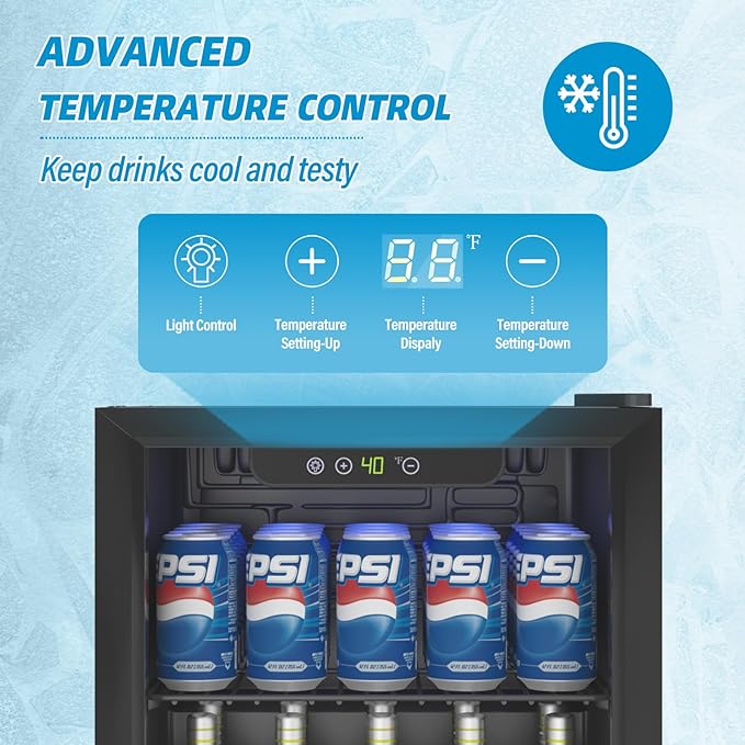 Compact Beverage Refrigerator,60 Can/1.3 Cubic Feet Mini Fridge with Glass Door for Soda, Beer, or Wine, Under Counter Small Refrigerator with Adjustable Shelves and Digital Display