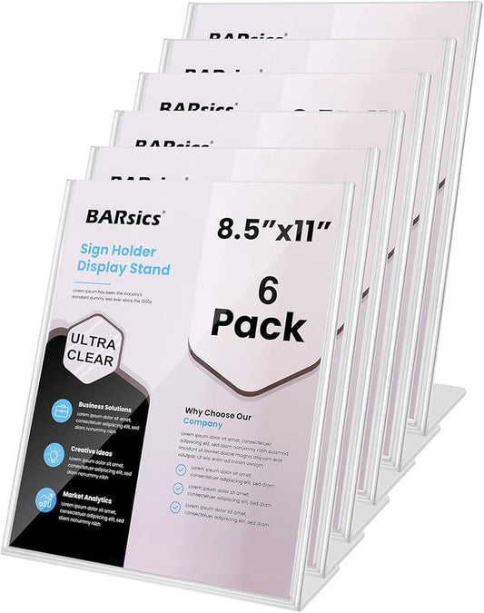 BARsics Plastic Sign Holder 8.5x11 Clear, Top-Load Paper Standing Display (Pack of 6)