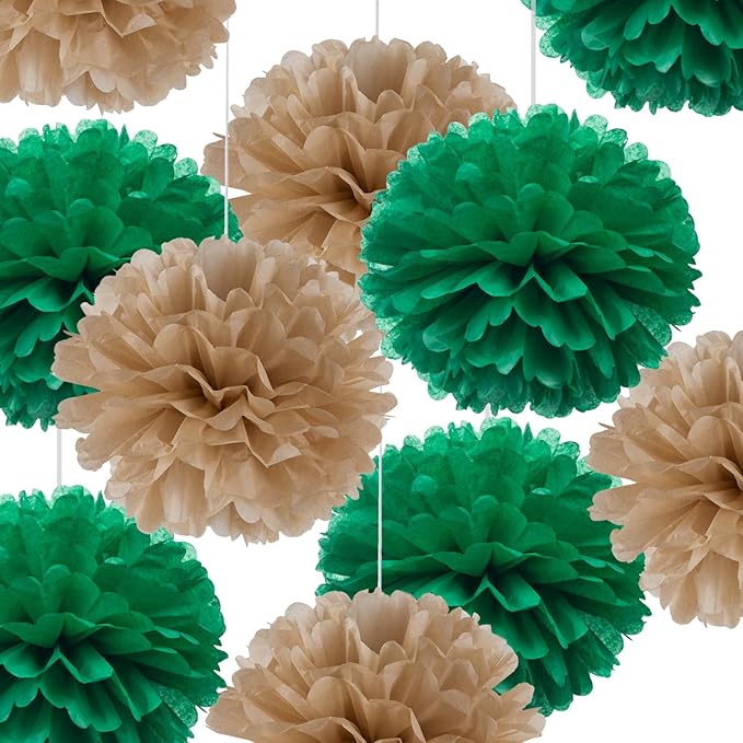 10 Pack 14" Green Brown Tissue Paper Pom Poms, Rustic DIY Hanging Flower Balls for Wedding Baby Shower Birthday Party Home Seasonal Decorations