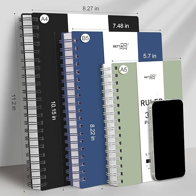 RETTACY Spiral College Ruled Notebook, 300 Pages, A5 Medium Size (5.7" × 8.2"), for School, Work, Writing, Journaling, 100 GSM Thick Paper, Flexible Plastic Cover (Light Green)