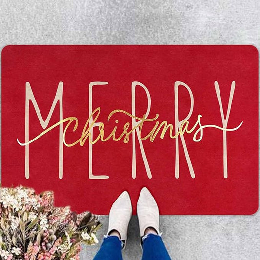 Christmas Door Mat Entrance Front Porch Rugs Red Gold Merry Christmas Doormat Non-Slip Rug Welcome Mat for Entrance Indoor Home Bathroom Floor Decoration, 18" x 30"Inch
