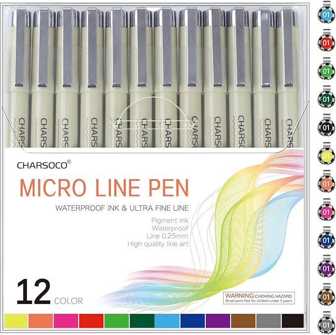 01 Micro Pen, Fine Point Pen with 12 Colors, Waterproof Archival Ink, 0.25mm Fineliner Ink Pens for Artist Illustration, Sketching, Anime, Manga, Technical Drawing and Scrapbooking