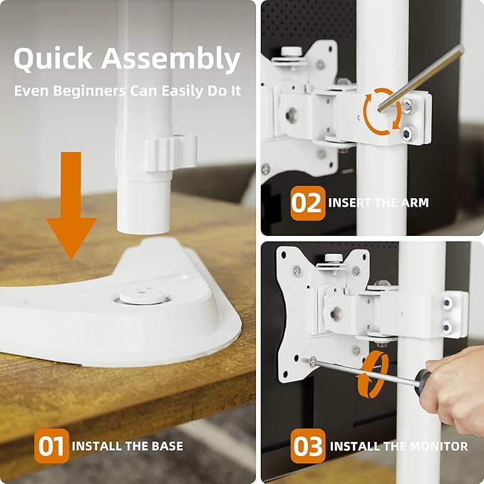 Claiks Monitor Mount, Ergonomic Adjustable Monitor Stand for Max 32 inch Screens, Adjustable Stand up to 20 lbs, VESA Mounting Holes 75&100mm, White