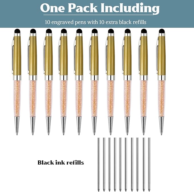 Ancolo Personalized ball Pens with Crystal Stylus Tip - Smooth Writing Set - Engraved with Your Name/Slogan/Address - Gift for Teacher/Manager/Lawyer/Professor 10 PCS/Box (Gold)
