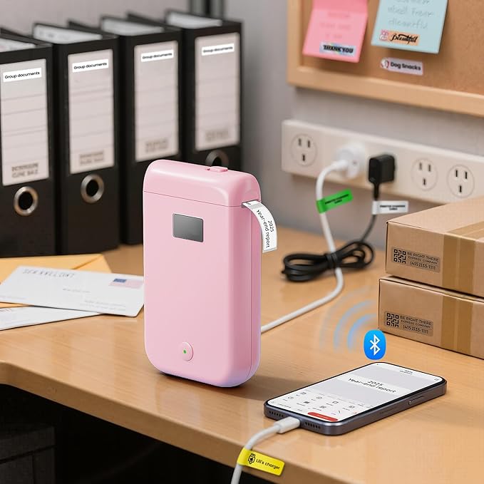 Label Maker Machine with Tape, Label Makers with Multiple Templates, Mini Label Maker Widely Used in Home Office School Organization, Bluetooth Label Printer Easy to Use for Small Labels, Pink