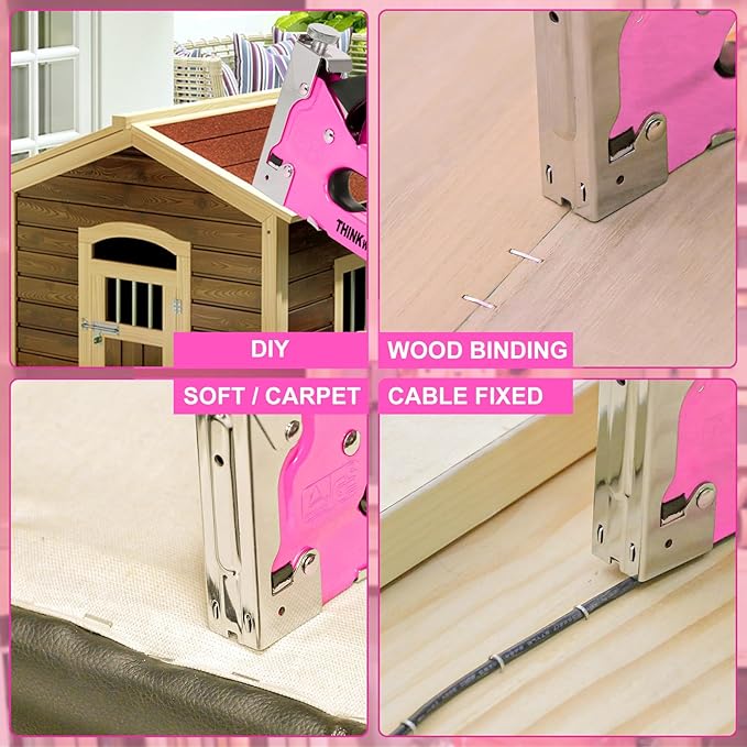 THINKOWRK 3 in 1 Staple Gun, Light Pink Staple Guns/Home Use Upholstery with 900 Staples, Nail Gun for Wood, Cable, Fabric, Wall, Material Repair, DIY Manual Stapler