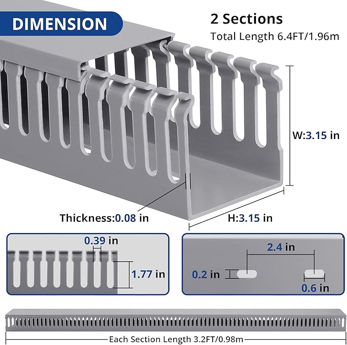 ZhiYo 3x3in Cable Raceway, 6.6FT(2xL3.2FT) Large Wire Tray, Cord Hider for Network Cable Management, Wire Covers for Cords Computer Under Desk, Cord Cover Wall Cable Hider Cable Cover, Gray