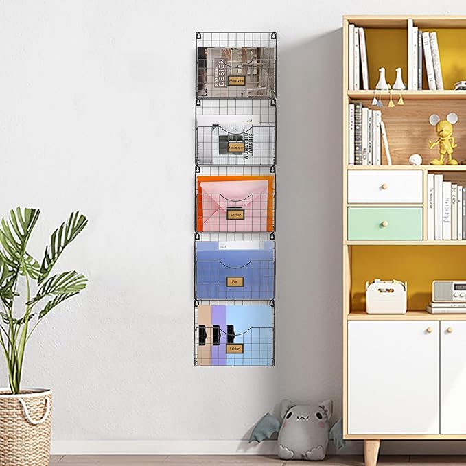 5-Tier Over the Door File Organizer, Stackable Hanging Wall Files Rack with Door Hooks Wall Organizers, SVertical Wall File Storage with Tag for Office Home and Work Easy Organizing - Black