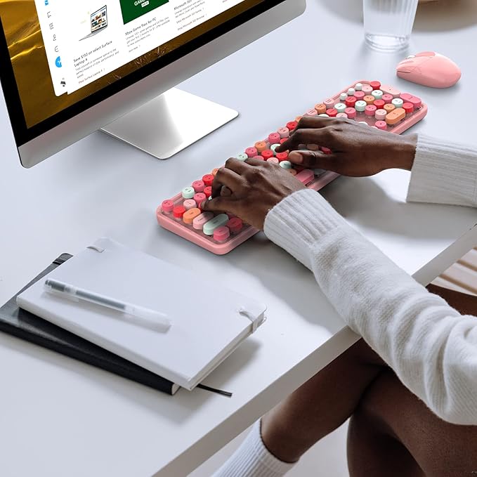 Wireless Keyboard and Mouse Combo, 104 Keys Full-Sized 2.4 GHz Round Keycap Colorful Keyboards, USB Receiver Plug and Play, for Windows, PC, Laptop, Desktop (Pink)