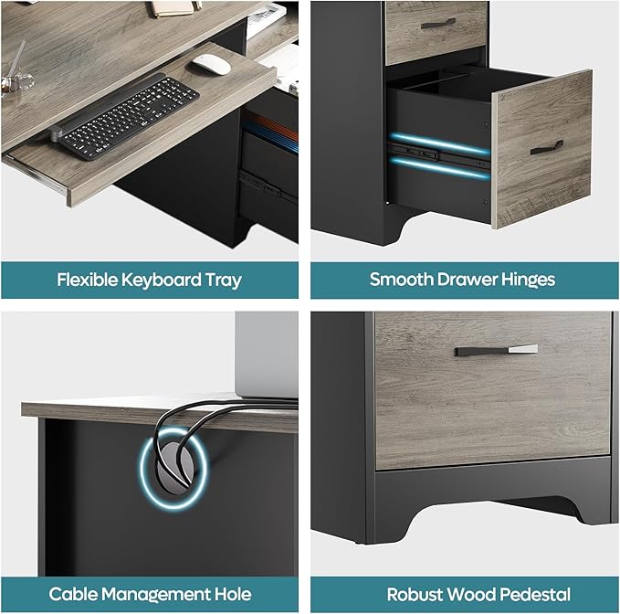 Bestier 48” Computer Desk with Drawers, Office Desk with Storage, Industrial Wood Writing Desk with File Drawer, Keyboard Tray & 2 Hooks for Home Office & Studio, Gray