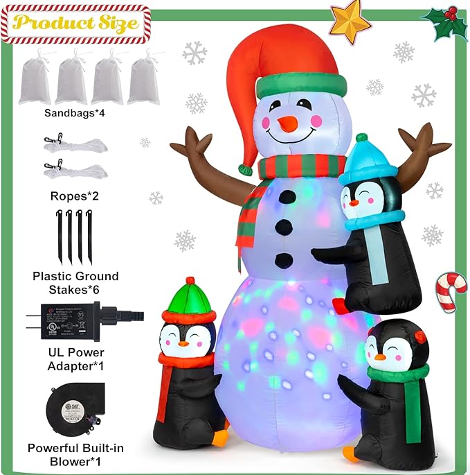 Christmas Inflatables Outdoor Decorations, Sizonjoy 6FT Snowman and Penguins Christmas Decorations with Rotating Colorful LED Lights Blow Up Yard Decorations for Lawn Garden Xmas Party