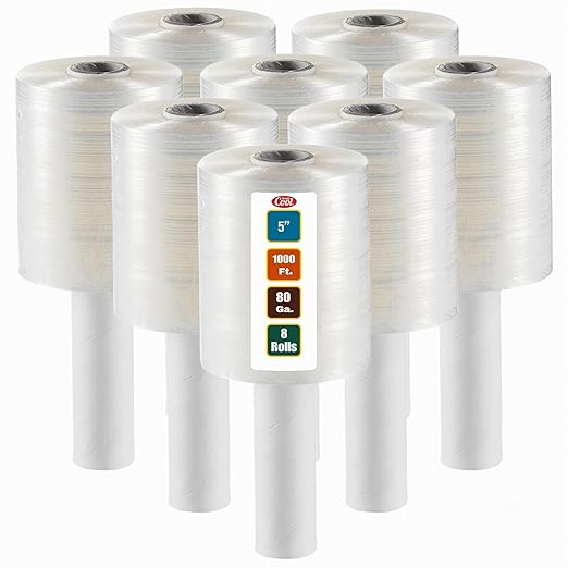 8 Pack Industrial Strength Mini Hand Stretch Wrap 5" 1000 Ft. Roll 80 Gauge Thick, Shrink Wrap Roll for Moving Supplies, Furniture, Pallets, Plastic Wrap for Packing, Heavy Duty Stretch Film