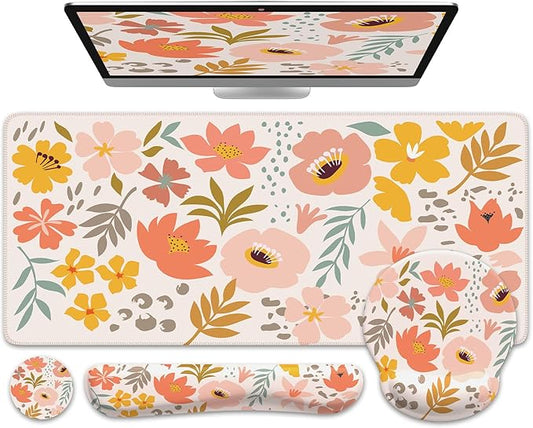 iCasso Desk Cover Mat, 4in1 Floral Large Mouse Pad with Wrist Rest, Desk Matt for Desktop, Anti-Slip XXL Big Computer Ergonomic Mousepad with Wrist Support for Keyboard and Mouse (Colorful)