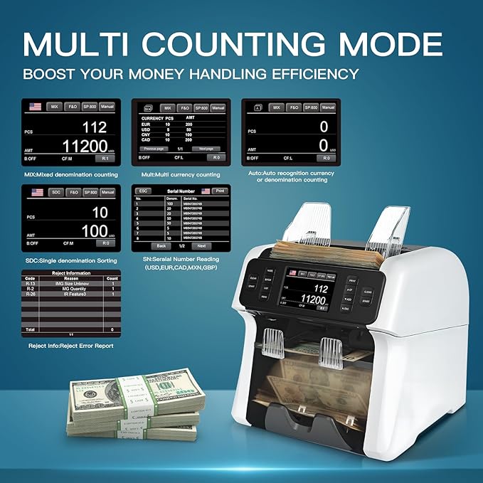 NUCOUN VS-75 Bill Counter Machine Mixed Denomination,Money Counter Machine with Reject Pocket,Counterfeit Detection 2 CIS/UV/MG/IR,Multi Currency Bill Sorter,Value Count,Serial Number Read,Print&Sort
