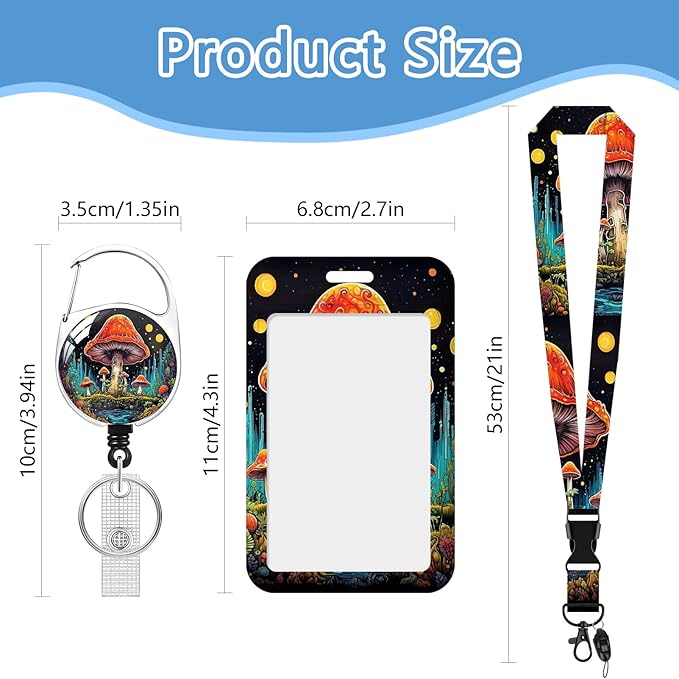 Mushroom Lanyards for Id Holder, ID Badge Holder with Retractable Lanyard, ID Holder with Badge Reel Clips, Name Tag ID Card Holder Teacher Women Doctor Office Gift