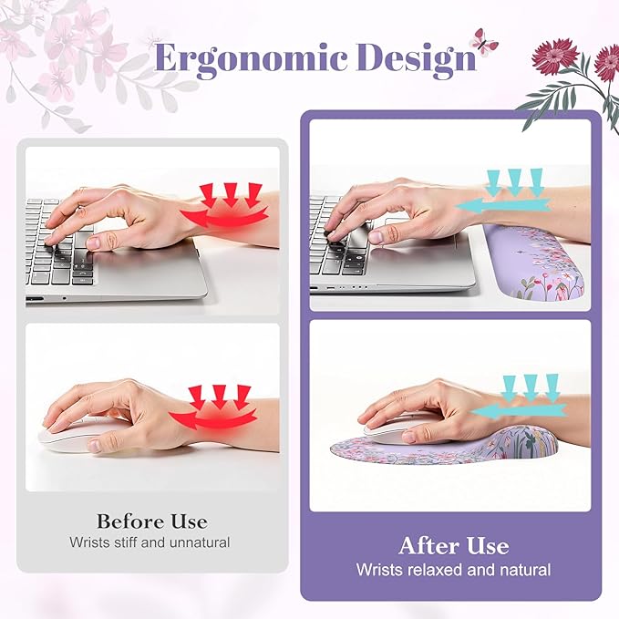 iLeadon XXL Mouse Pad, Mousepad with Wrist Rest, Memory Foam Wrist Support for Keyboard, Ultra Smooth Mouse Pad for Gaming, Purple Desk Mat for Office Home (Floral)