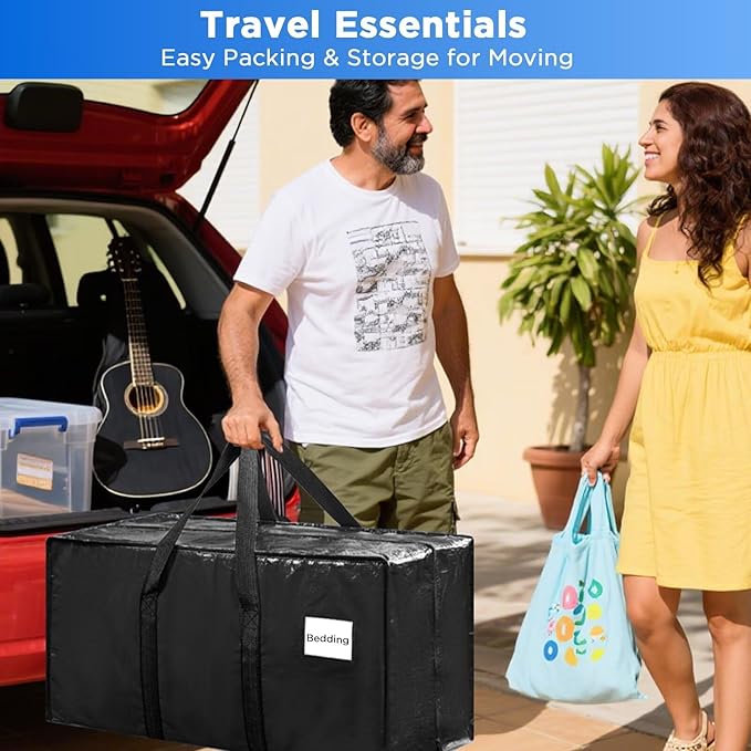 Extra Large Moving Bags Heavy Duty Storage Bags with Zipper Handles, BETU 2 Pack Clothes Storage Totes Bins Packing Moving Boxes, Moving Supplies for College Dorm Essentials, Space Saving, Black