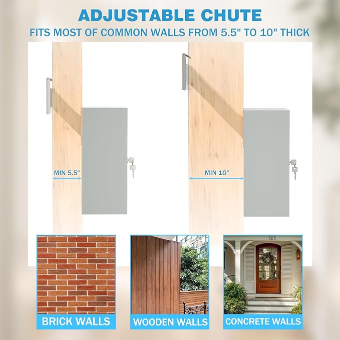 Pochar Through The Wall Drop Box with Lock - Wall Mailbox with Rainproof Cover & 10inch Adjustable Chute - Heavy Duty Locking Key Drop Box Deposit Safe for Mail, Rent, Cash, Payment (Off-White)