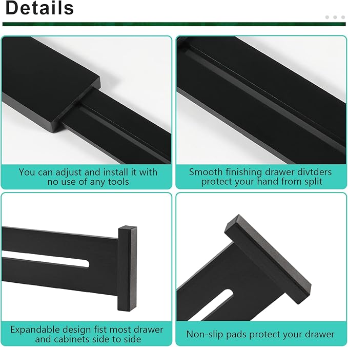 Bamboo Drawer Dividers Organizer with Inserts, Expandable from 12.5-21.7", Adjustable Drawer Organizer Separators for Utensils, Dresser, Bedroom, Bathroom, Closet, Clothing, Office (Black)