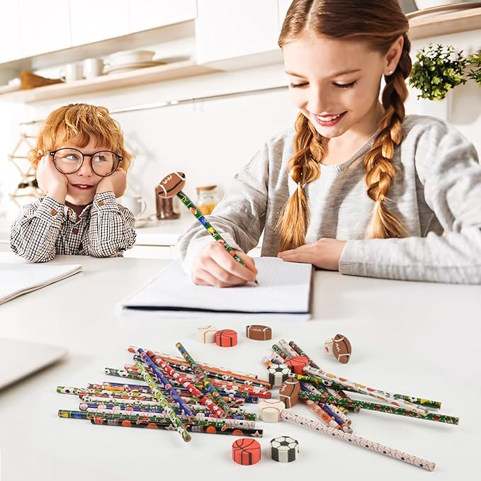 48 Pcs Sports Pencils and Erasers for Boys Girls Sports Birthday Gifts Assortment Stationery Pencils for Students Office School Classroom Supplies.