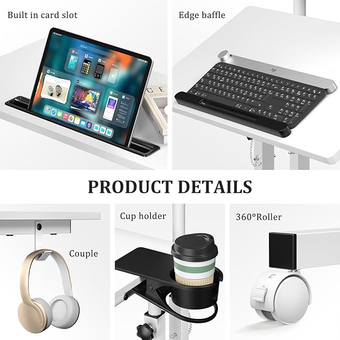 Small Standing Desk with Wheels, Mobile Stand Up Desk, Portable Standing Table on Wheels for Walking Pad, Rolling Computer Desk Adjustable Height, Tall Table