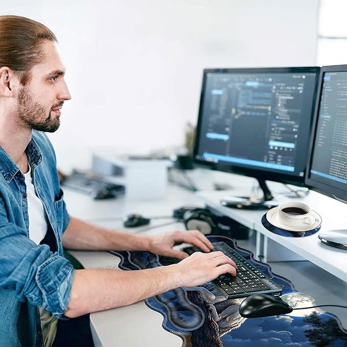 Large Mouse Pad and Keyboard Wrist Rest, Desk Pad for Keyboard and Mouse, 4-in-1 Large Gaming Mouse Pad with Wrist Support, Desk Mat for Home Office Study Game-Wolf in The Moonlight