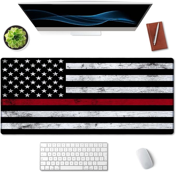 SSOIU Extended Gaming Mouse Pad (35.5x15.7 in), Large Stable Rubber Base Mousepad with Stitched Edges, Keyboard Mouse Mat Desk Pad for Work, Game, Office, Home - Fire Fighter Thin Red Line Flag
