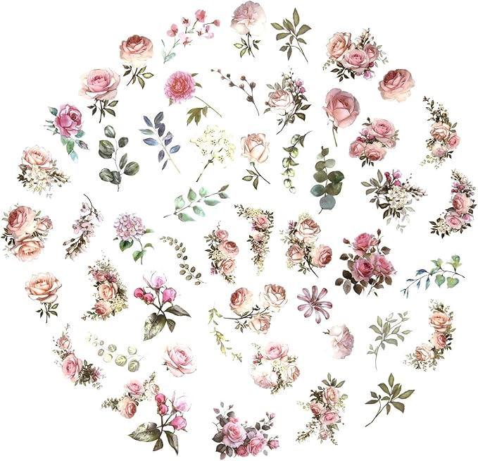 100 Pcs Pink Flower Stickers for Scrapbooking Junk Journal Notebook Diary Planner Letter Card Making Collage Envelope Water Bottle Phone Case Craft Decoration (Pink)